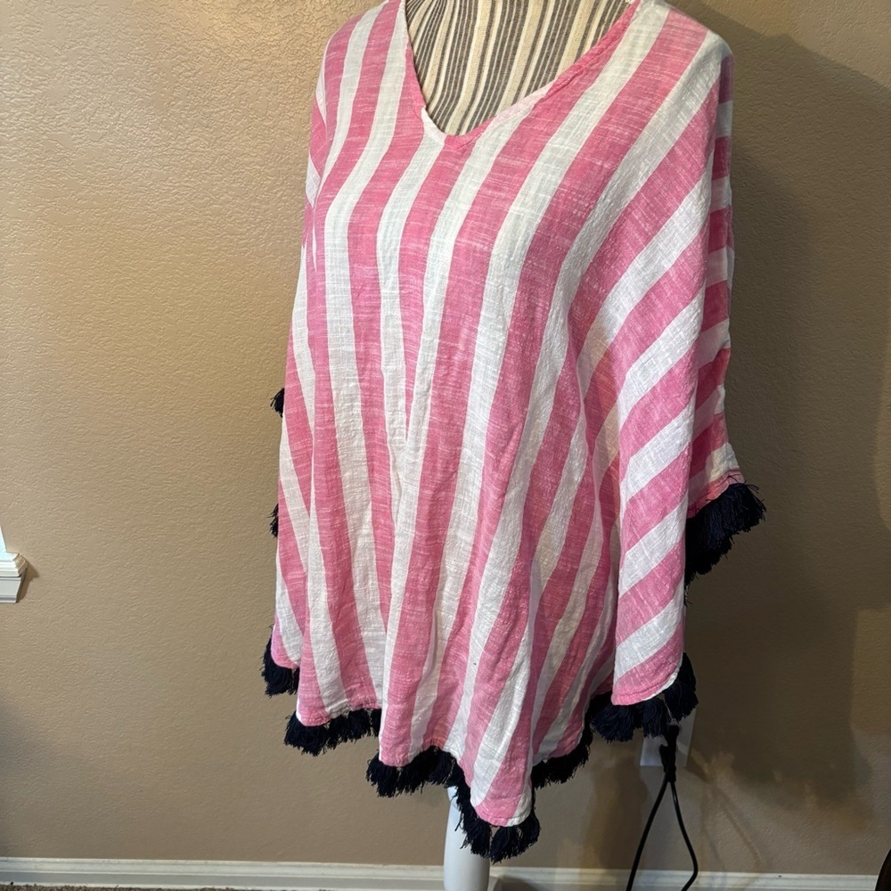 Mud Pie Coverup Pink White Striped Black Fringe Beach Swim Poncho Cotton - Picture 8 of 16